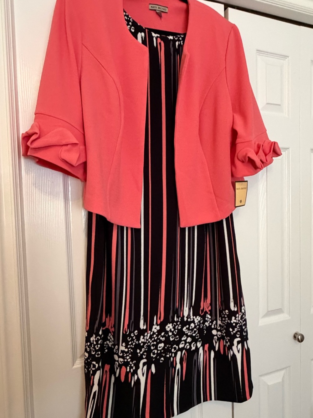 Coral Pink and Black Printed Midi Dress with Cropped Jacket by Maya Brook